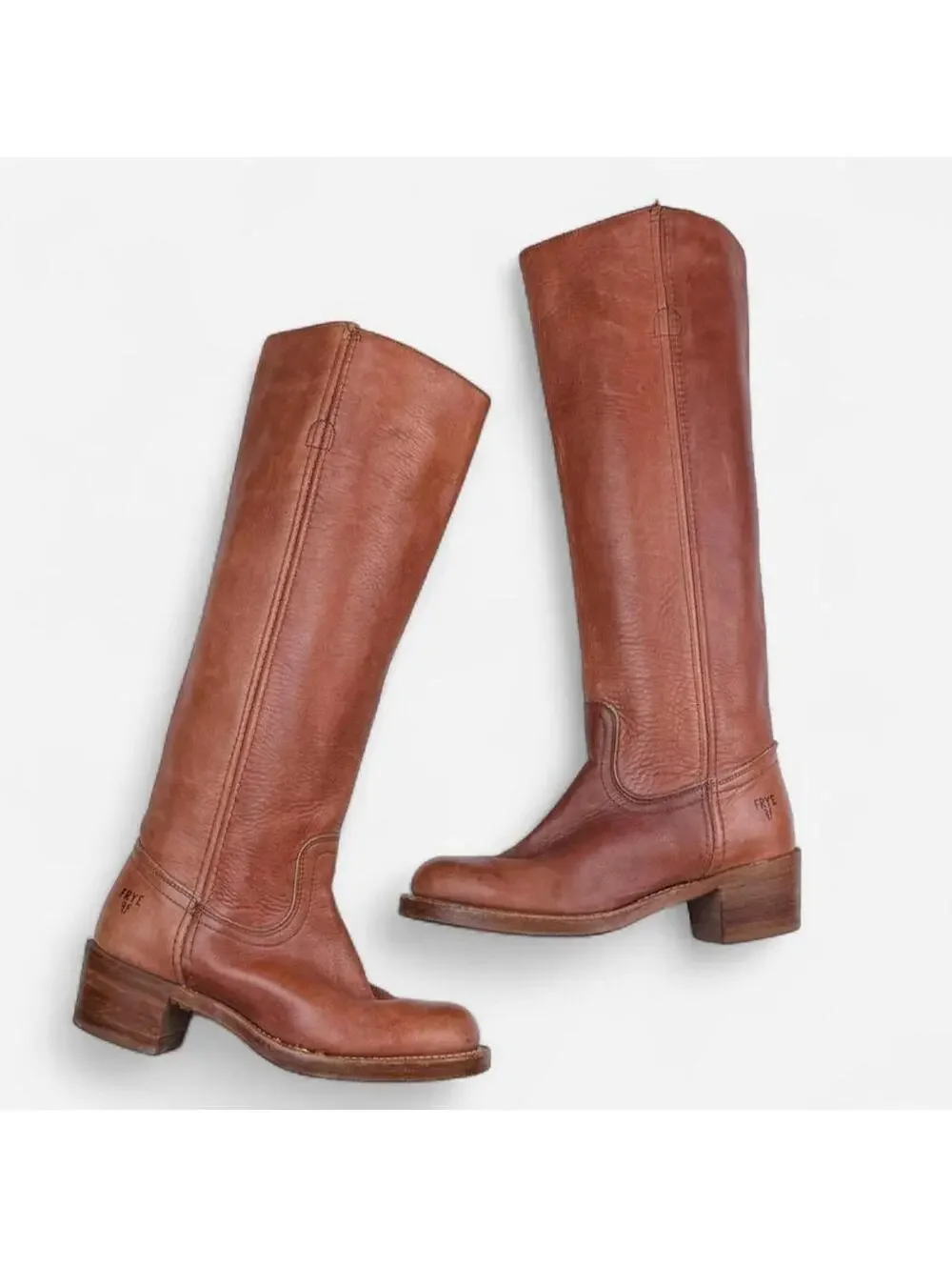 Frye 70s Campus Boots Tall Leather Stacked Heel in Cognac Brown